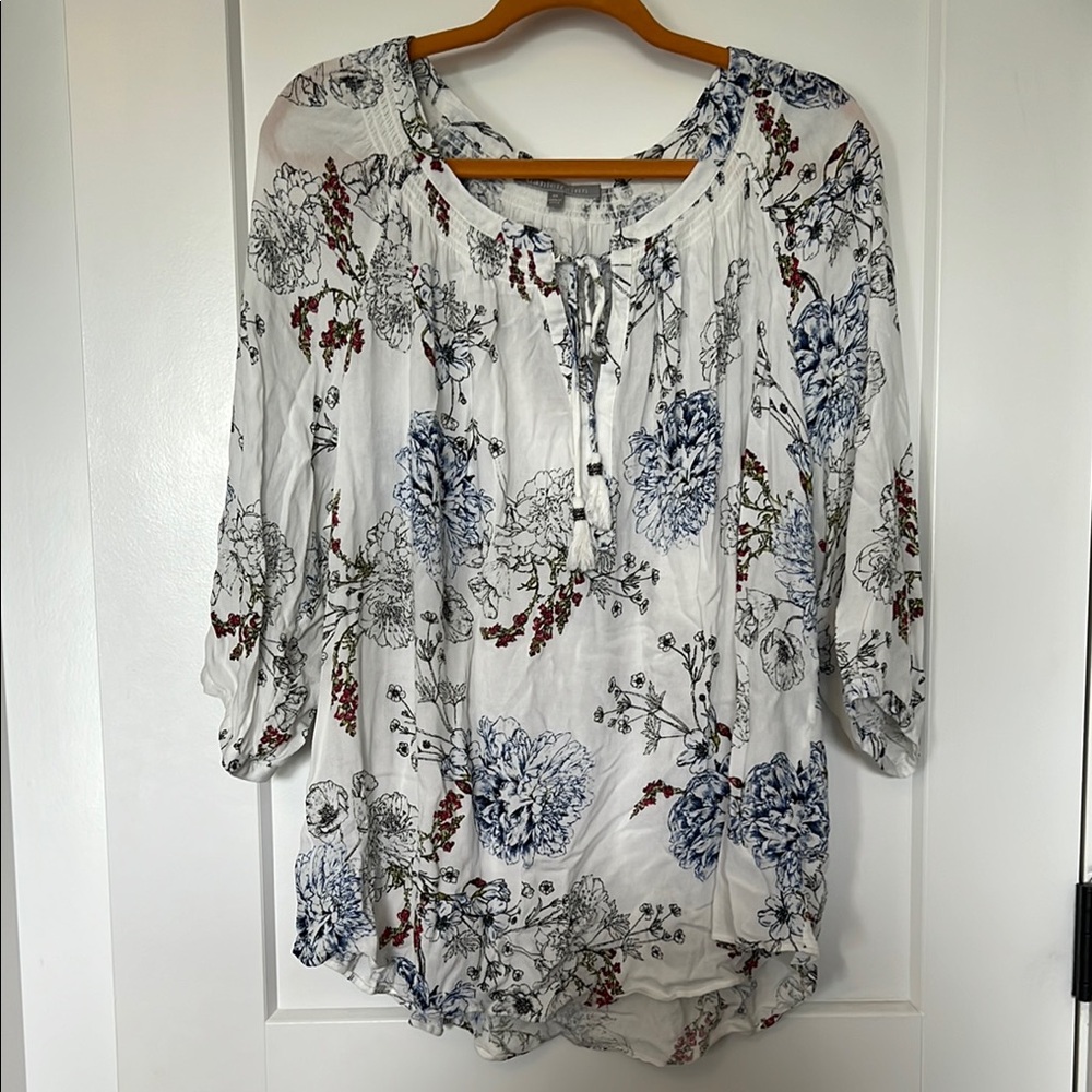 Daniel Rainn White Floral Tie Front 3/4 Sleeve Blouse